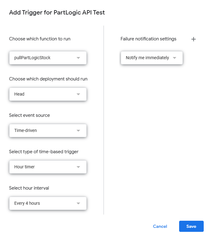 Add Trigger dialog: function pullPartLogicStock, deployment Head, event source Time-driven, hour timer every four hours, failure notify immediately, Save button