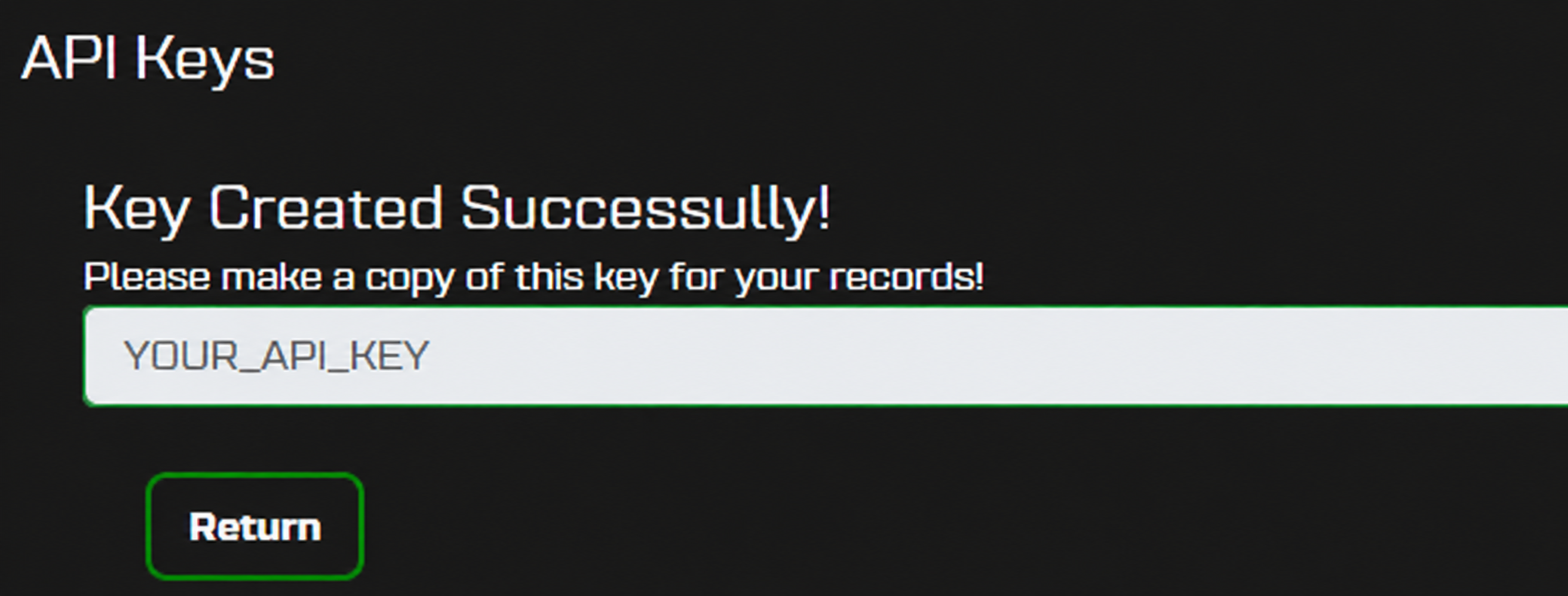 PartLogic portal: Key created successfully with YOUR_API_KEY placeholder and Return button
