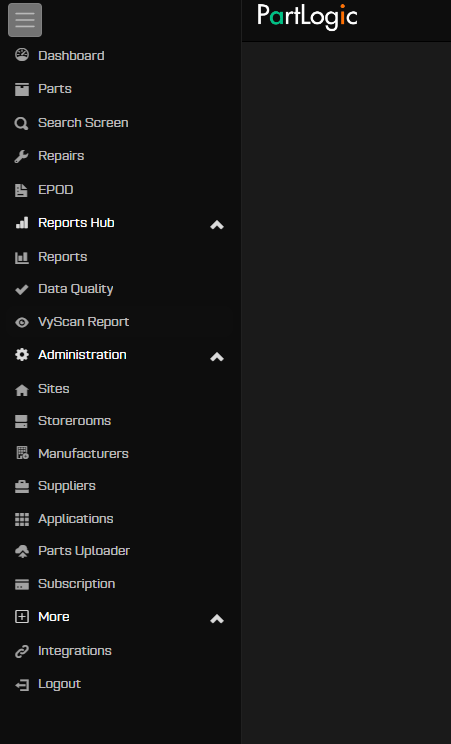 PartLogic sidebar with Administration expanded showing Sites, Storerooms, and related items