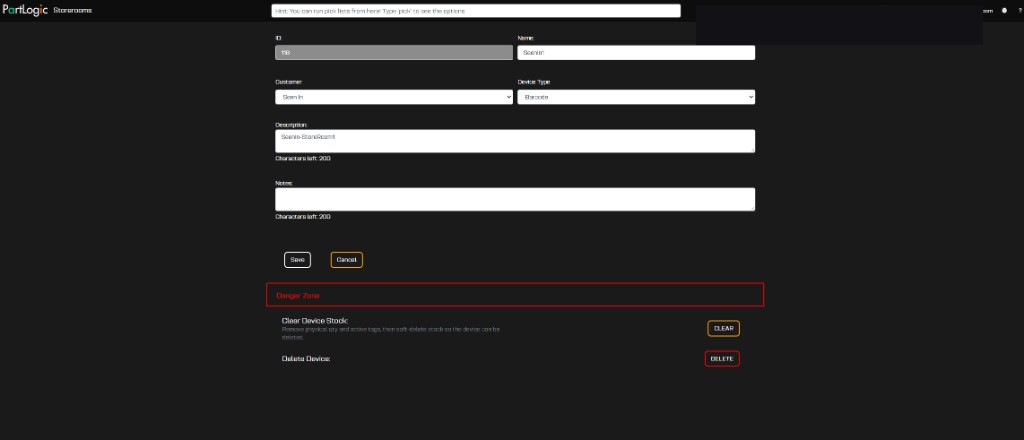 Edit Storeroom form with Name, Customer, Device Type, Description, Save, and Danger Zone