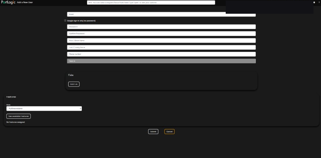 Add a New User form with email, name, Roles, Features, Submit and Cancel