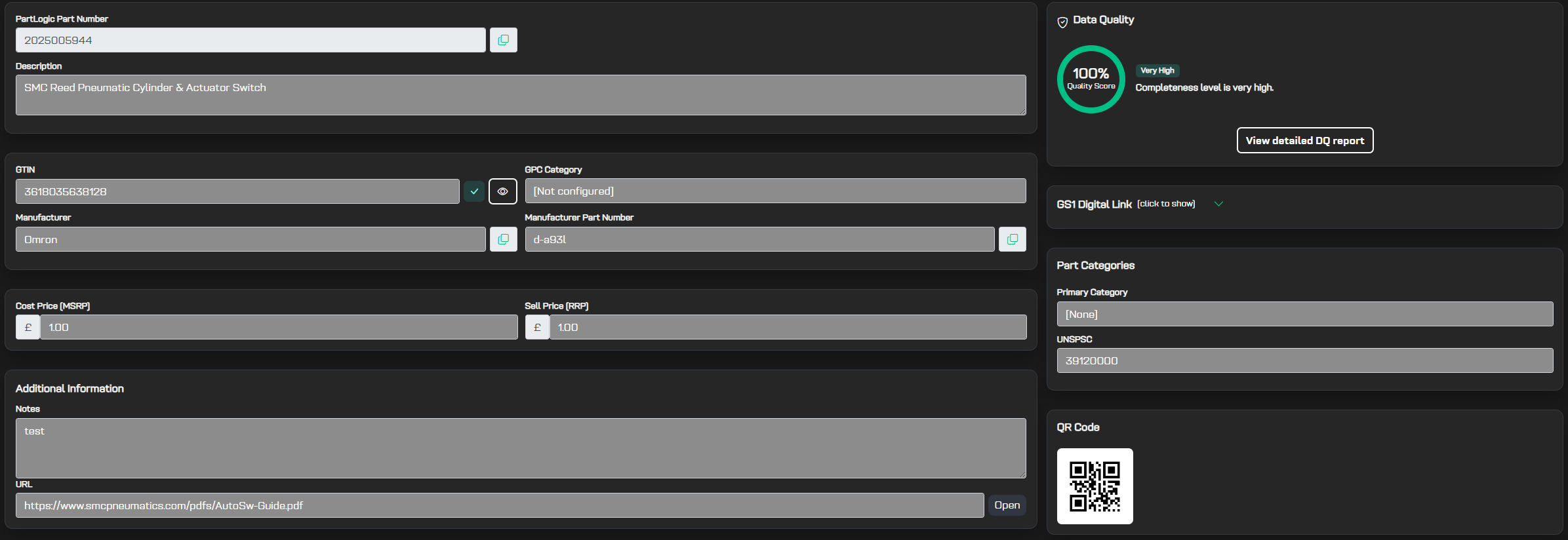 PartLogic portal master record showing PartLogic Part Number, description, GTIN, manufacturer part number, pricing, data quality score, and UNSPSC category