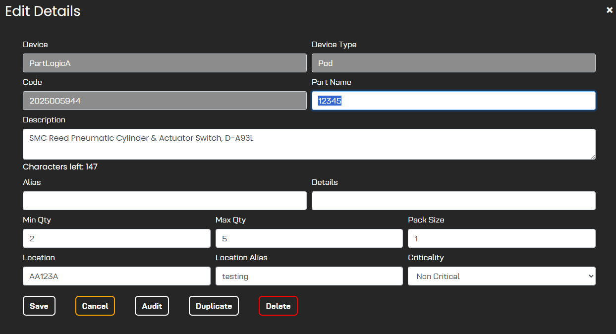 Edit Details dialog for a device showing Code, Part Name, Alias, min and max quantity, pack size, location, and location alias