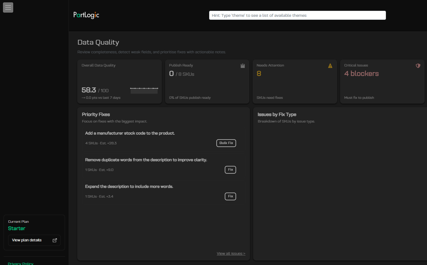 PartLogic portal data quality dashboard surfacing catalogue gaps and validation issues