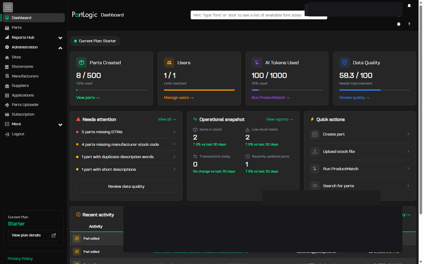 PartLogic Dashboard with plan usage cards for parts, users, AI tokens, and data quality