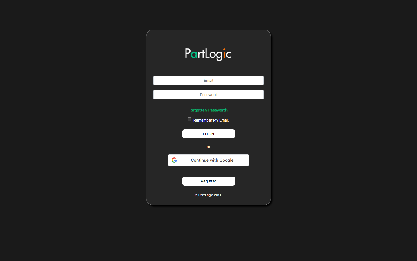 PartLogic portal login screen with email and password fields