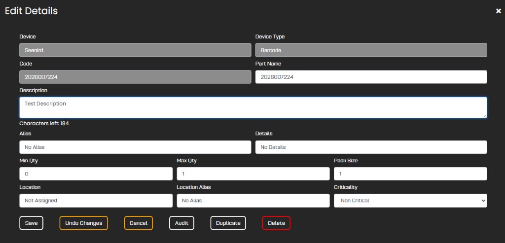 Edit Details dialog for a Device / Storeroom row with location, quantities, and Save actions