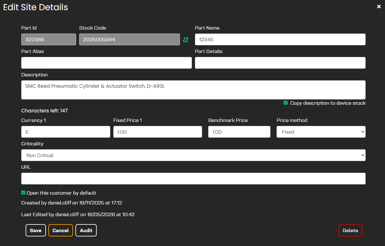 Customer Site level fields with local SKU and aliases for a physical location