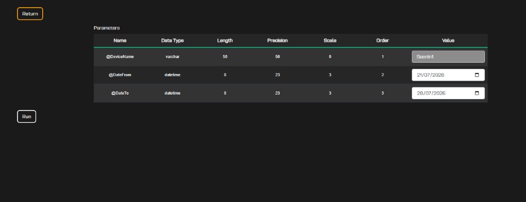 Debit report parameters with locked device name and editable date range