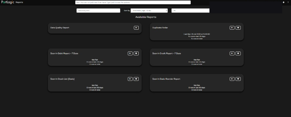 Reports Hub with all available report cards including Debit, Credit, Stock List, and Reorder