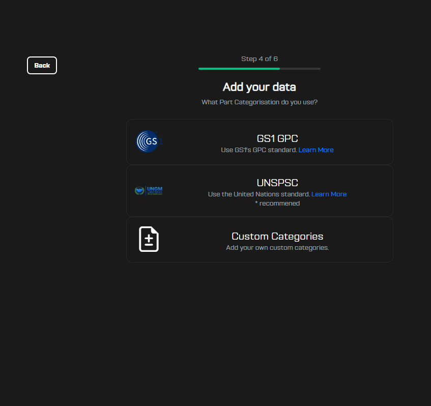 PartLogic onboarding categories selection screen