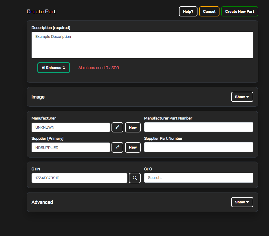 PartLogic create example part form during onboarding