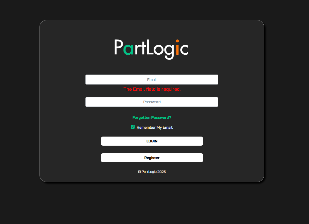 PartLogic portal login screen with email and password fields