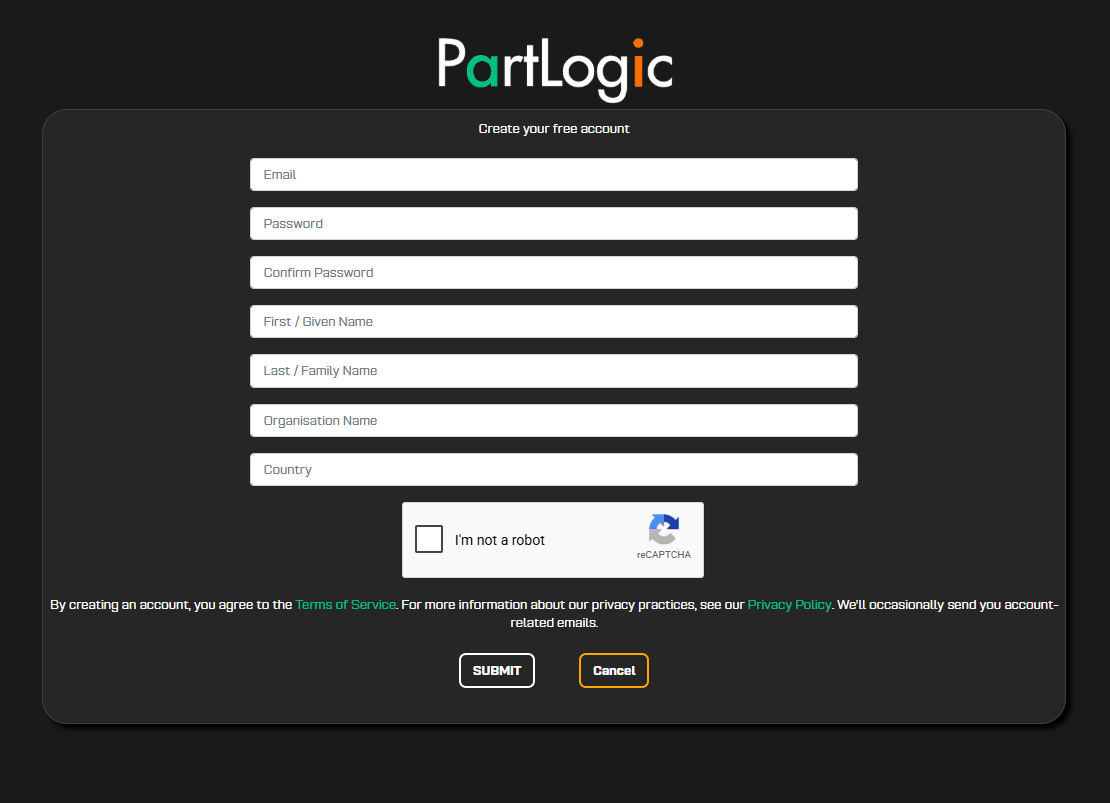 PartLogic registration form with name, company, email, and password fields