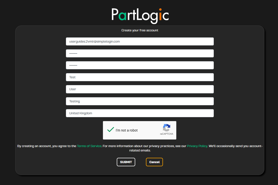 PartLogic registration complete message asking user to check email
