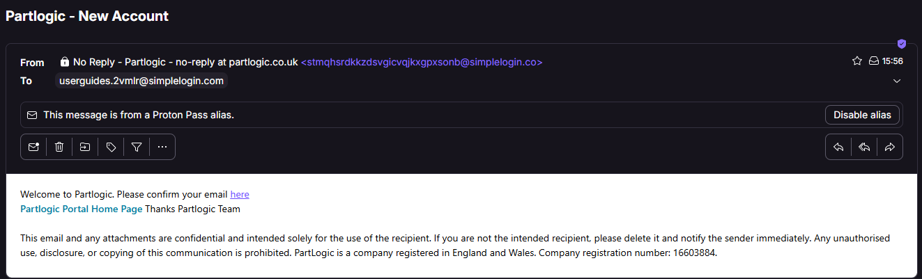 PartLogic welcome email with confirm email button