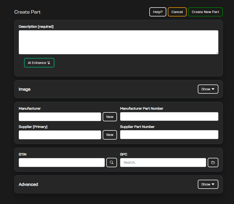 Create Part form with Description, AI Enhance, manufacturer, supplier, GTIN, and GPC fields