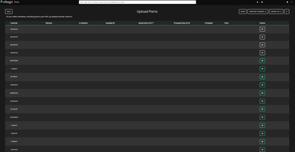 Upload Parts files table with eye icon Actions to open file detail