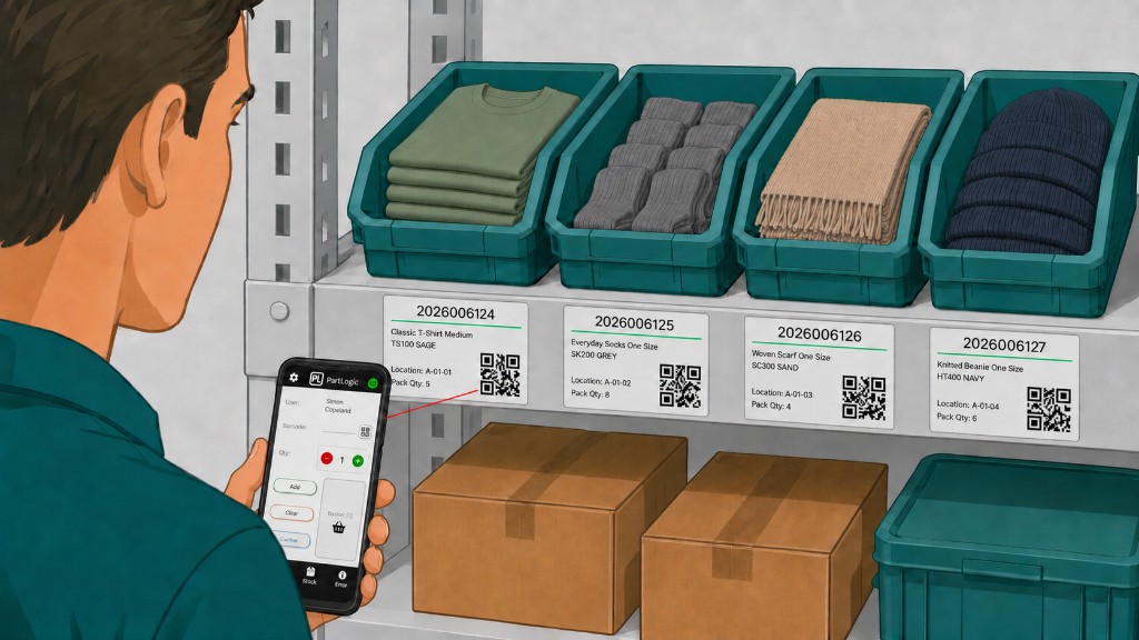 Person scanning a PartLogic shelf barcode label on a warehouse rack with the mobile app
