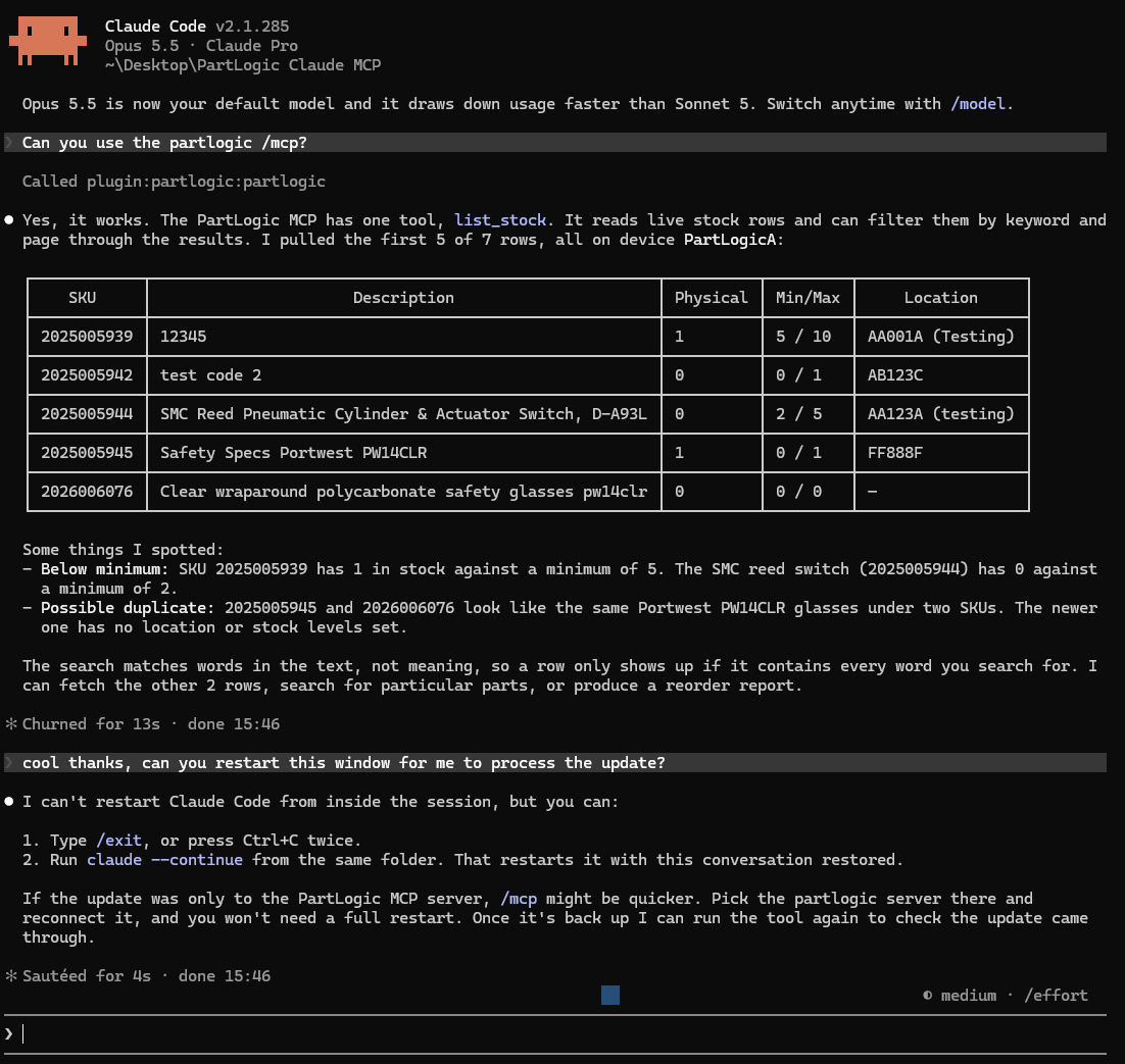 Claude Code invoking PartLogic and displaying five stock rows with SKU, description, physical stock, minimum and maximum, and location