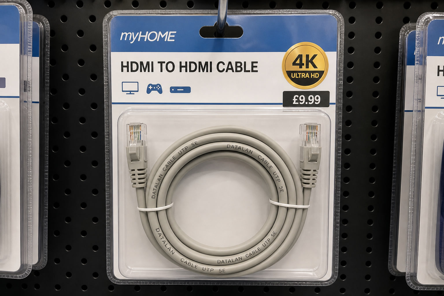 myHOME retail blister pack labelled HDMI TO HDMI CABLE on a store peg, with a grey Cat5e UTP cable and RJ45 connectors visible inside the bag