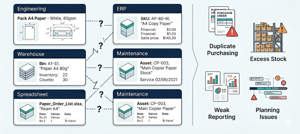 Infographic showing the same part described differently across engineering, warehouse, ERP, maintenance, and spreadsheets