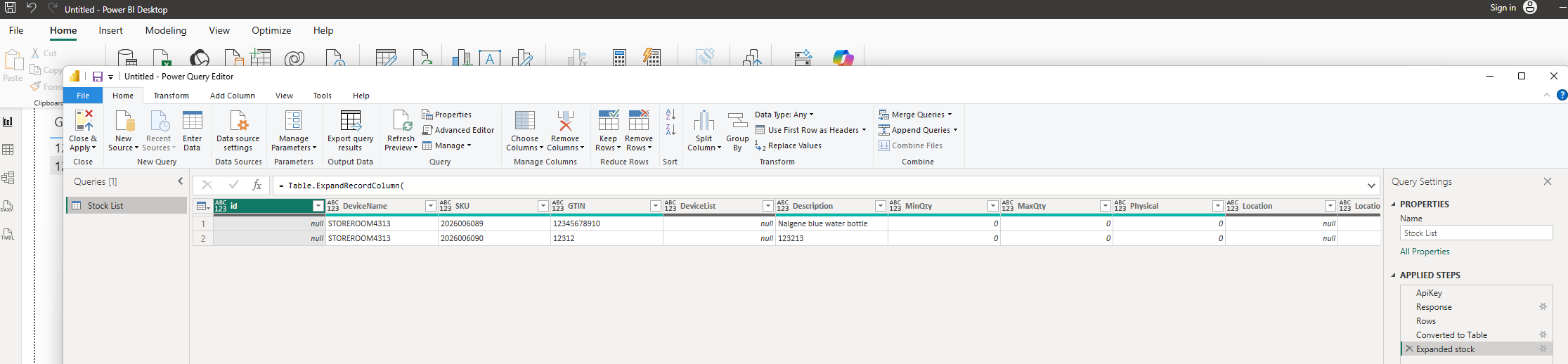 Power Query Editor showing expanded stock columns including SKU, Description, Physical, and DeviceName