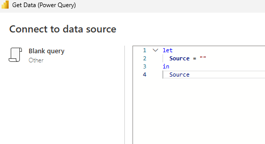 Get Data dialog with Blank query selected and the default M template in the code editor