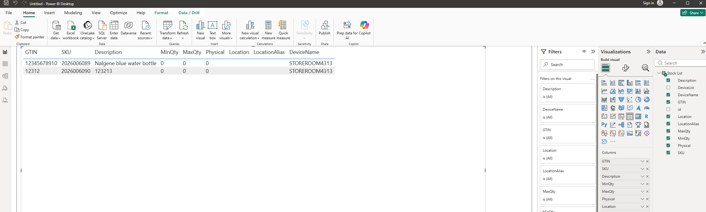 Power BI report canvas with a table visual showing SKU, Description, Physical, and DeviceName from the Stock List query